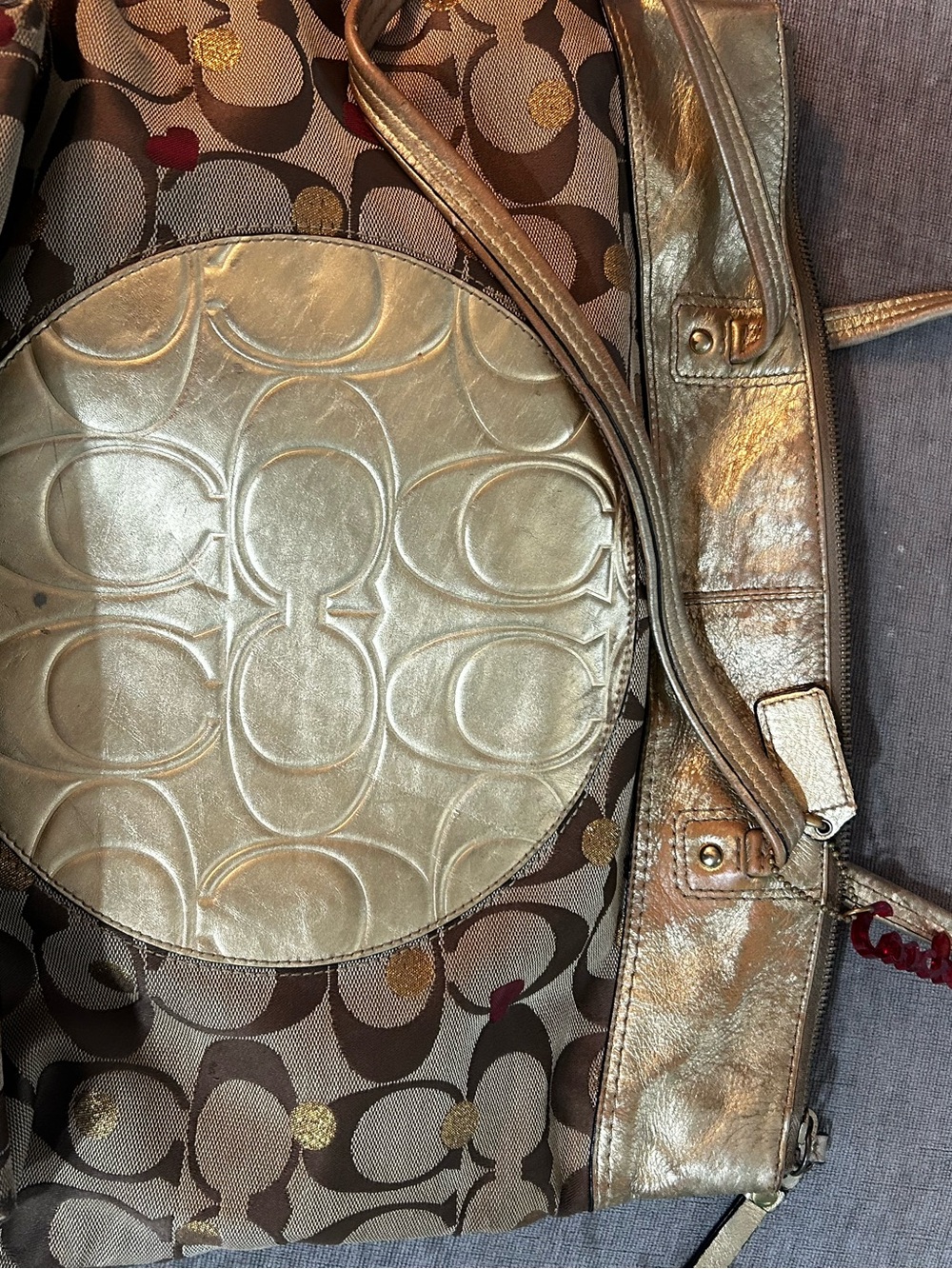 Coach Metallic Gold and Brown Signature Circle Tote